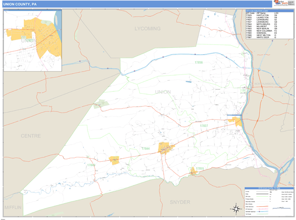 Union County, Pennsylvania Zip Code Wall Map Market Maps (IDI)