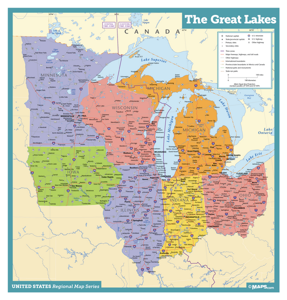 Great Lakes States USA Wall Map Maps.com