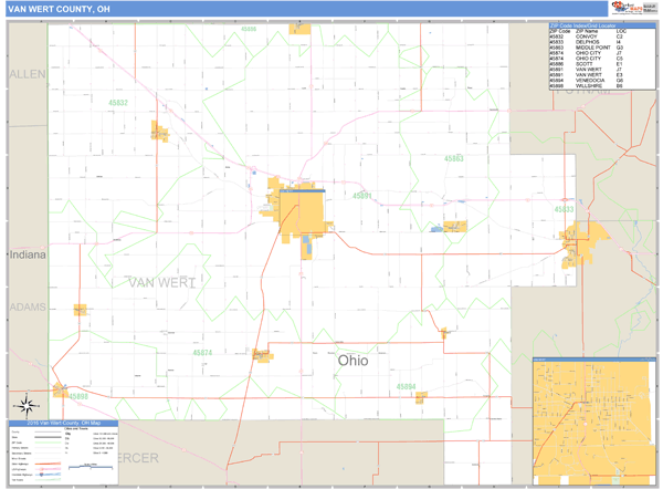 Van Wert County, Ohio Zip Code Wall Map Market Maps (IDI)