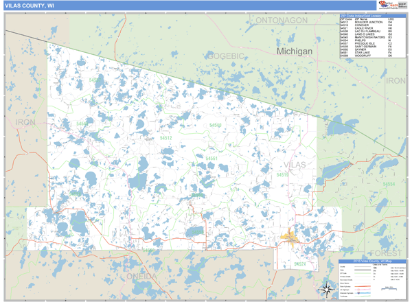 Vilas County, Wisconsin Zip Code Wall Map Market Maps (IDI)