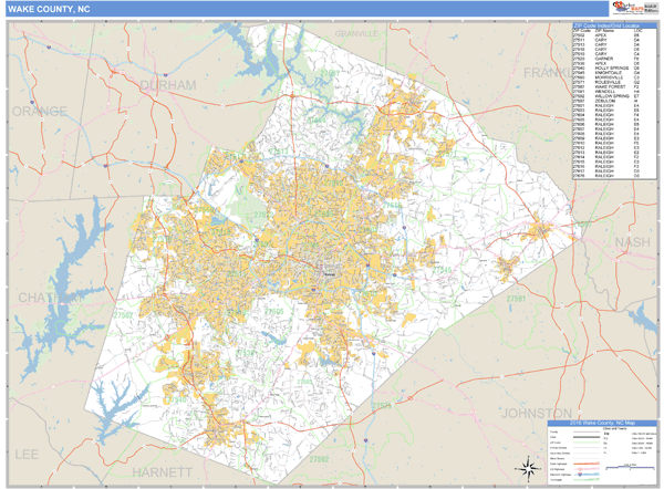 Wake County, North Carolina Zip Code Wall Map Market Maps (IDI)