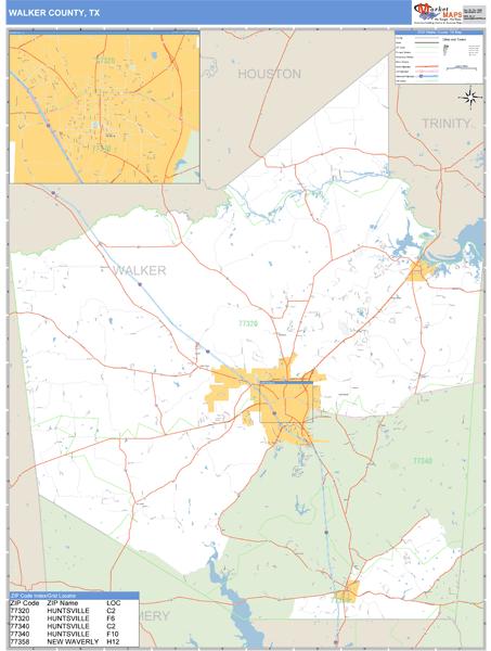 Walker County, Texas Zip Code Wall Map Market Maps (IDI)