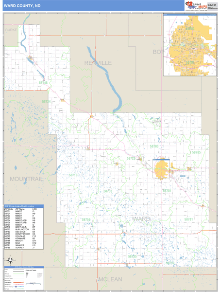 Ward County, North Dakota Zip Code Wall Map Market Maps (IDI)