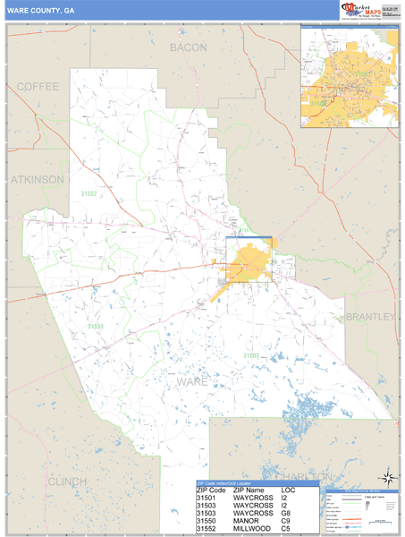 Ware Postcode Map Ware County, Georgia Zip Code Wall Map | Map Geek.com