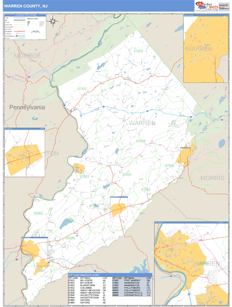 Warren County, New Jersey Zip Code Wall Map Market Maps (IDI)