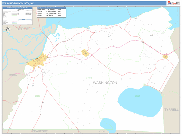 Washington County, North Carolina Zip Code Wall Map Market Maps (IDI)