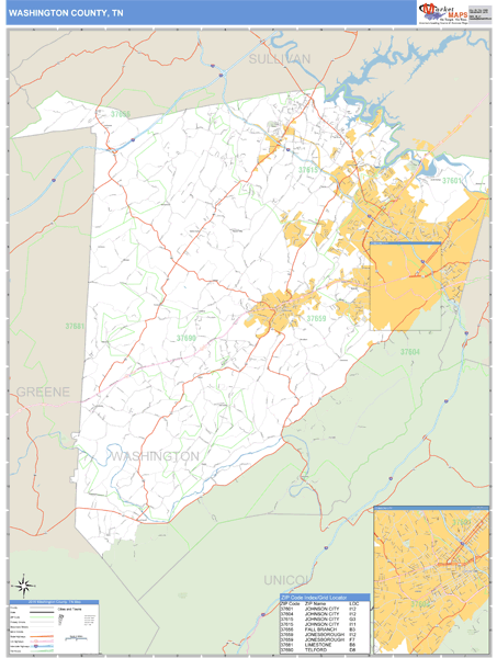 Washington County, Tennessee Zip Code Wall Map Market Maps (IDI)