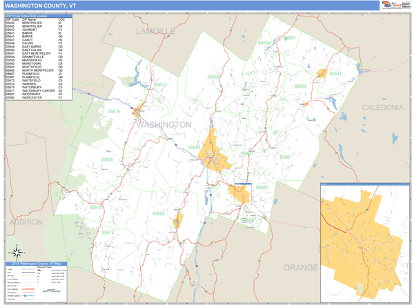 Washington County, Vermont Zip Code Wall Map Market Maps (IDI)
