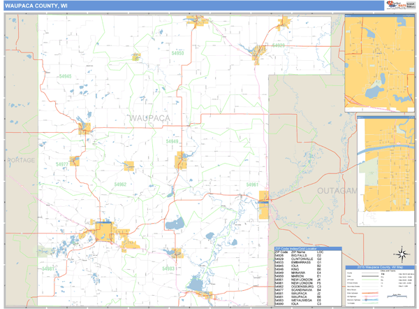 Waupaca County, Wisconsin Zip Code Wall Map Market Maps (IDI)