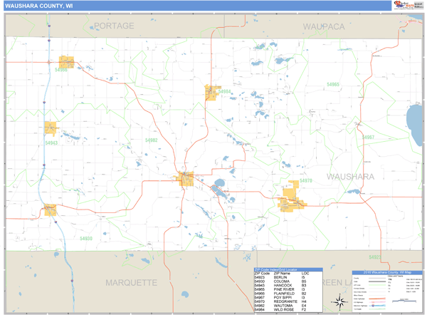 Waushara County, Wisconsin Zip Code Wall Map Market Maps (IDI)
