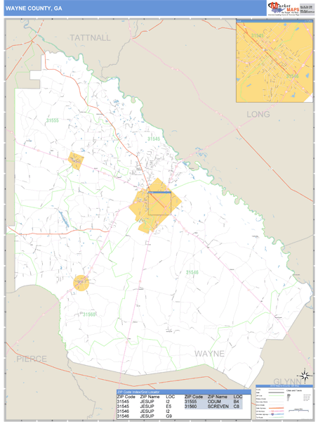 Wayne County, Georgia Zip Code Wall Map Market Maps (IDI)