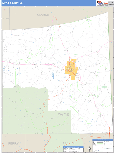 Wayne County, Mississippi Zip Code Wall Map Market Maps (IDI)