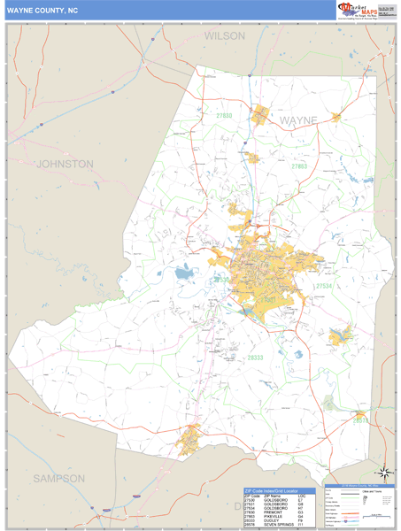 Wayne County, North Carolina Zip Code Wall Map Market Maps (IDI)