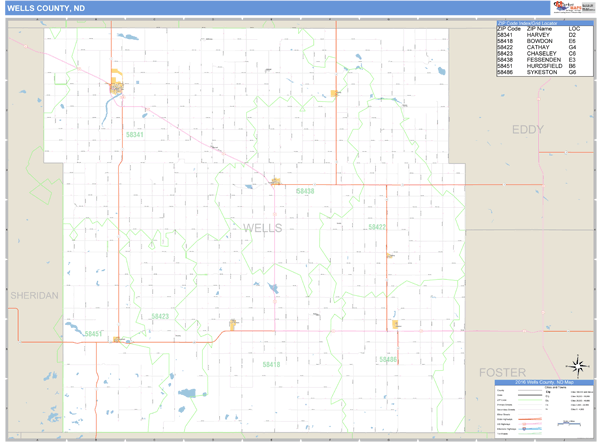 Wells County, North Dakota Zip Code Wall Map Market Maps (IDI)