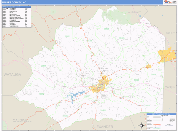 Wilkes County, North Carolina Zip Code Wall Map Market Maps (IDI)