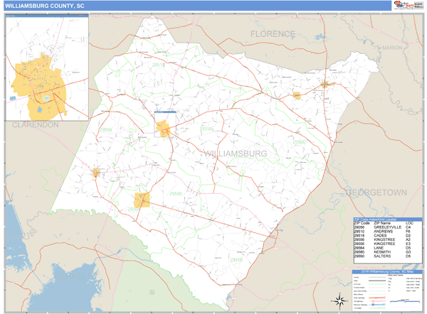 Williamsburg County, South Carolina Zip Code Wall Map Market Maps (IDI)