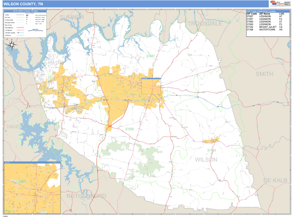 Wilson County, Tennessee Zip Code Wall Map Market Maps (IDI)