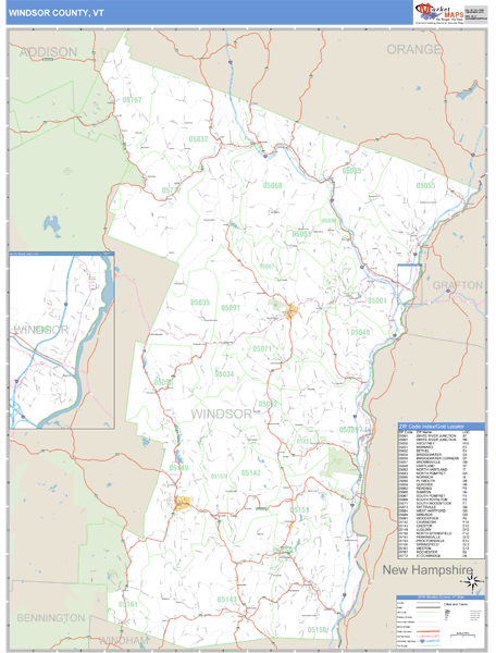 Windsor County, Vermont Zip Code Wall Map Market Maps (IDI)