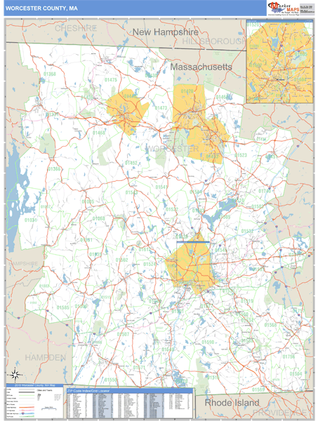 Worcester County, Massachusetts Zip Code Wall Map Market Maps (IDI)