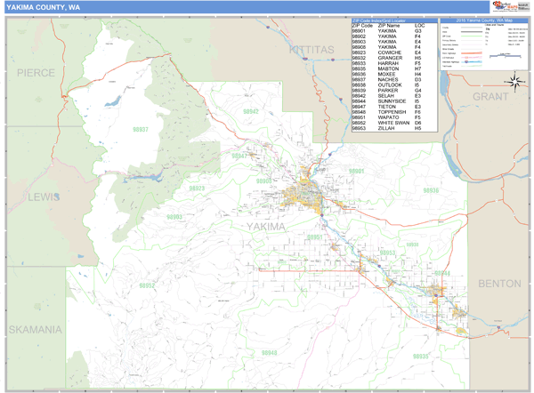 Yakima County, Washington Zip Code Wall Map Market Maps (IDI)