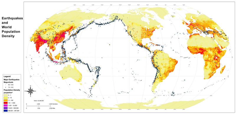 World Population Density and Major Earthquakes Wall Map Maps.com