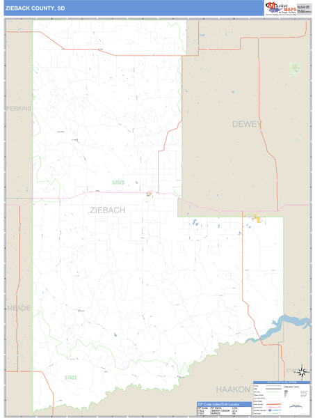 Ziebach County, South Dakota Zip Code Wall Map Market Maps (IDI)
